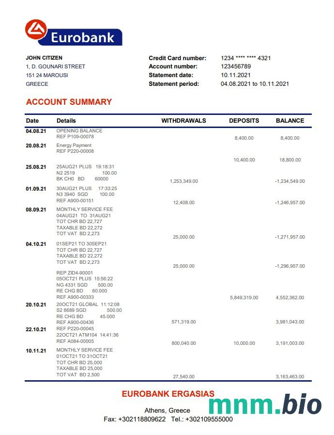 Grecja Attica wyciąg bankowy szablon w Word i PDF